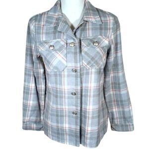 SHEIN GRAY, BLUE, & PINK PLAID FLANNEL SHIRT SZ.XS EUC.